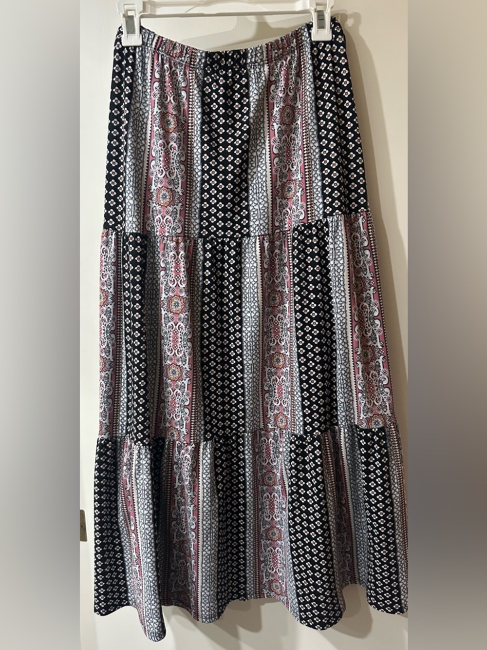 Easel Brand Tiered Maxi Skirt with Black and Pink Boho Design - Picture 1 of 2
